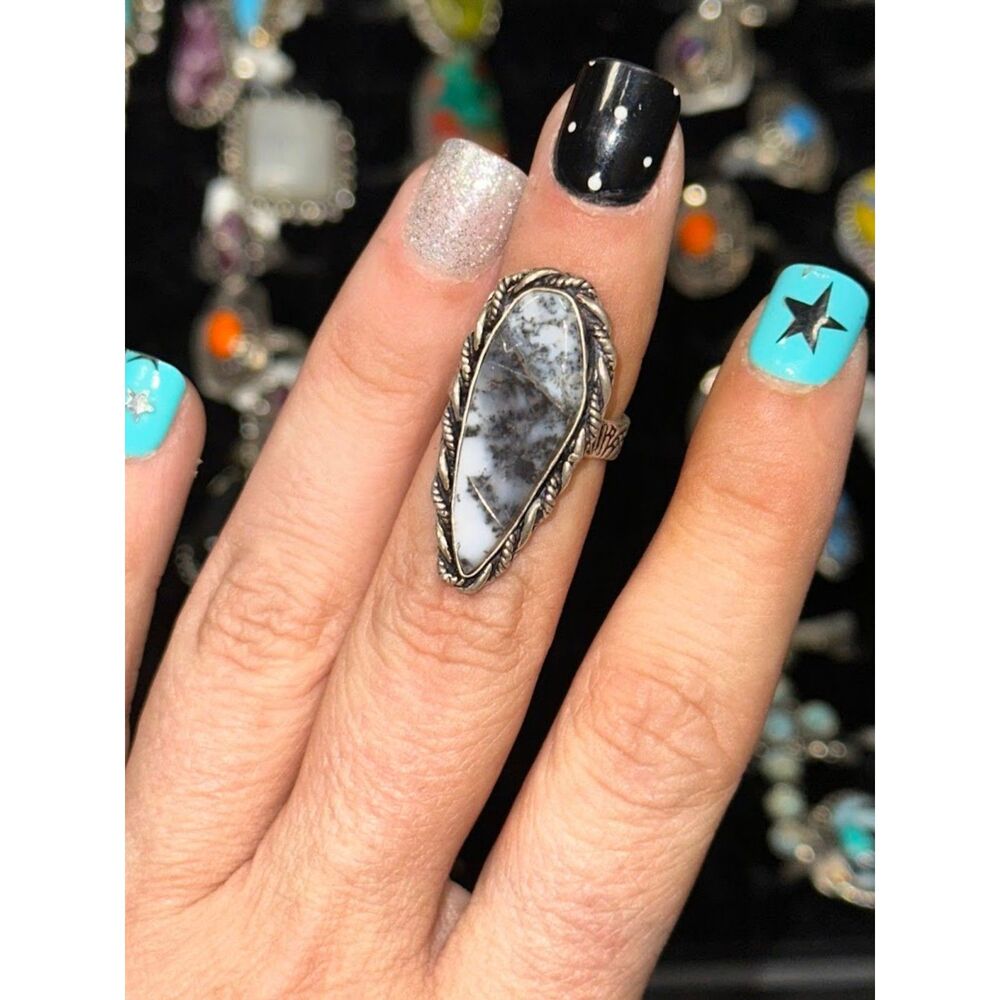 Dendritic Agate Teardrop Sterling Overlay Ring Size 5